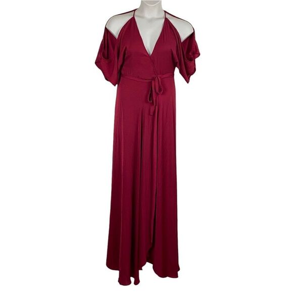 Aakaa Red Open Shoulder Back Neck Tassel Tie Maxi Wrap Dress Sz L - Picture 4 of 14